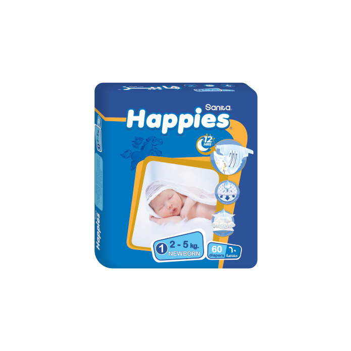 Happies Baby Diapers NewBorn (size 1) 60 diapers